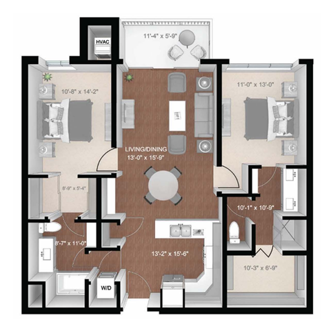 Floor plan for 2 beds, 2 baths, 1211 sqft